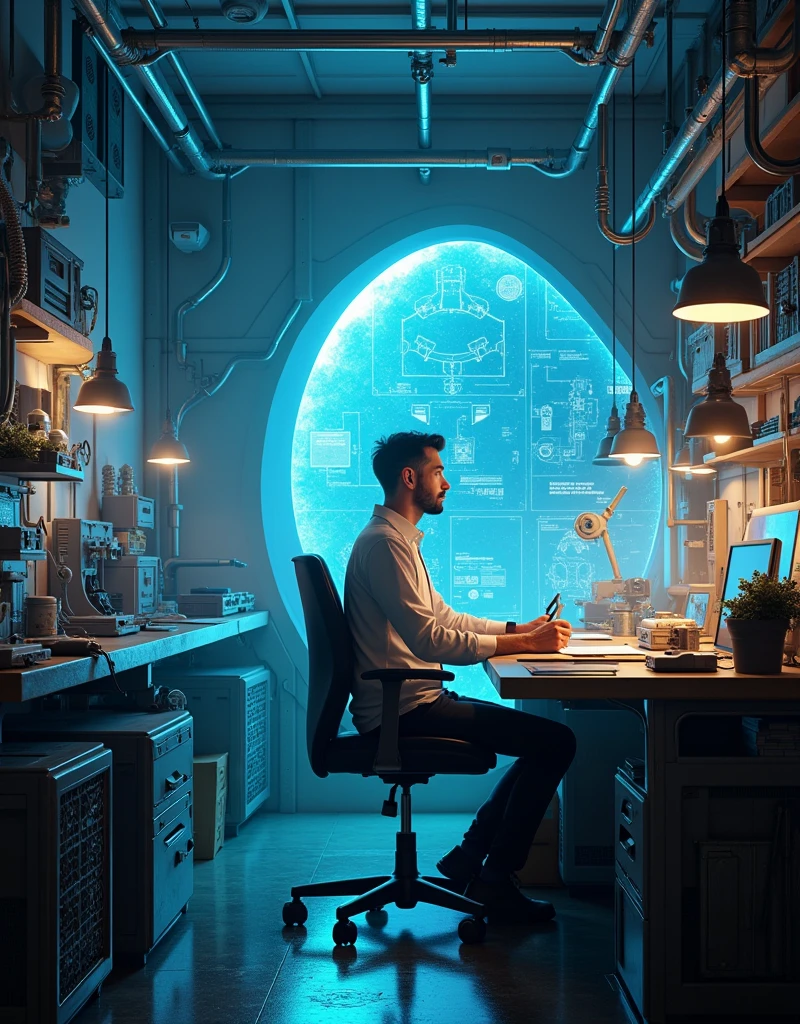 Kael, the brilliant inventor, in his ultra-modern workshop filled with holographic blueprints, advanced gadgets, and mysterious artifacts from across Nova Aeterna. The workspace is bathed in a soft blue glow, with detailed reflections and textures on every surface. Rendered in 8k resolution with high dynamic range (HDR) lighting, ray tracing, and complex materials for a lifelike, immersive environment