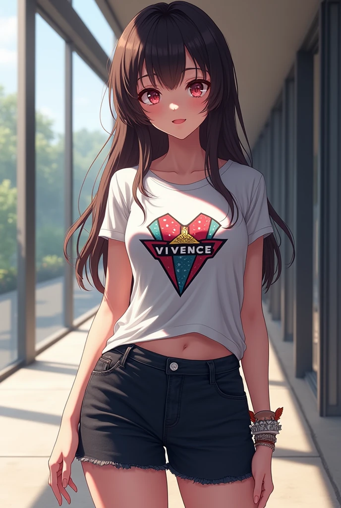 a waifu wearing a vivence brand t-shirt