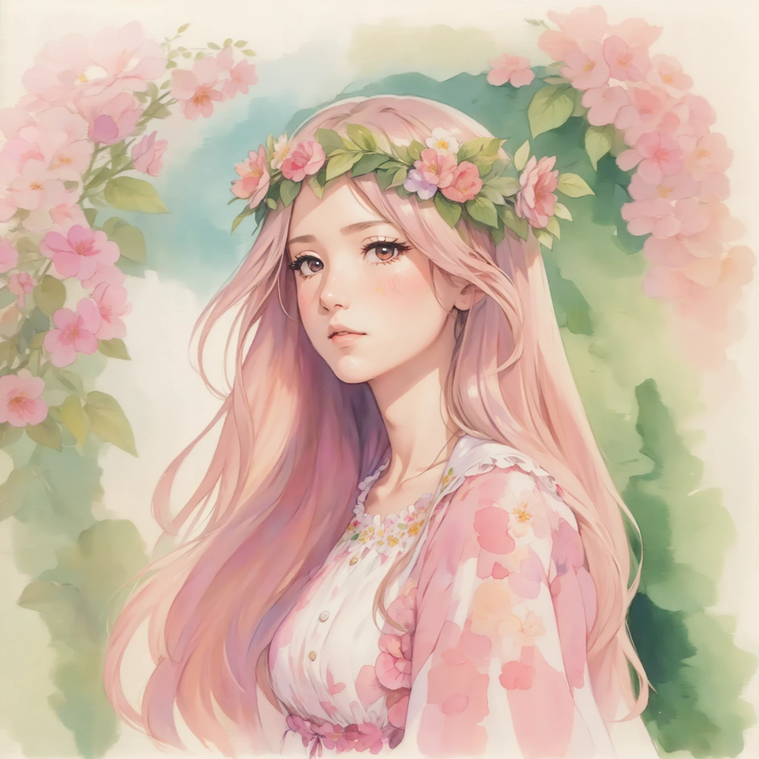 ピンクのプリンセスdressを着て、Watercolor painting of a long-haired woman wearing a flower wreath,dress