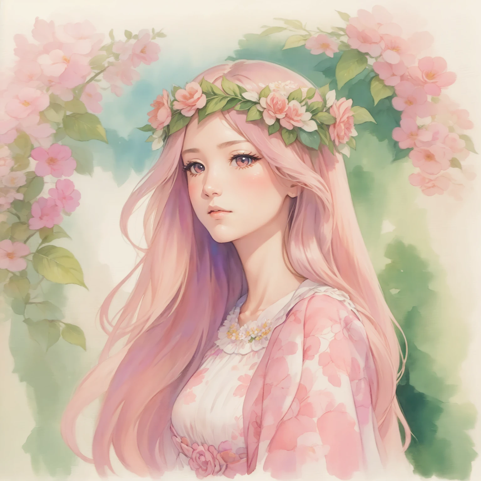 ピンクのプリンセスdressを着て、Watercolor painting of a long-haired woman wearing a flower wreath,dress
