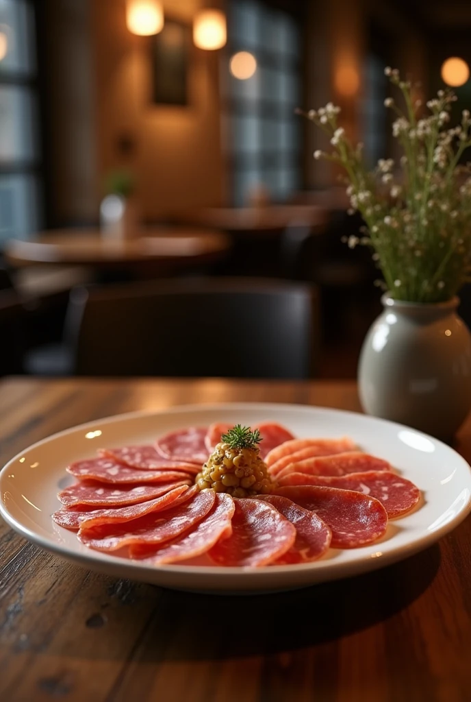 (photorealism: 1.2), realistic photo of a plate of cold cuts in a restaurant, subdued lighting