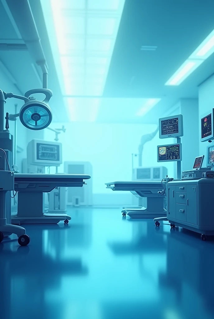 Here is a detailed description for the AI to generate the image:
"Create an image that shows a detailed operating room on the right, with modern surgical equipment, sterilized tables, surgical lights and medical monitors. As you move to the left, the image should gradually turn into a soft blue gradient, starting with light shades of blue at the transition of the room and becoming darker as it approaches the left edge. The transition must be fluid, as or deg