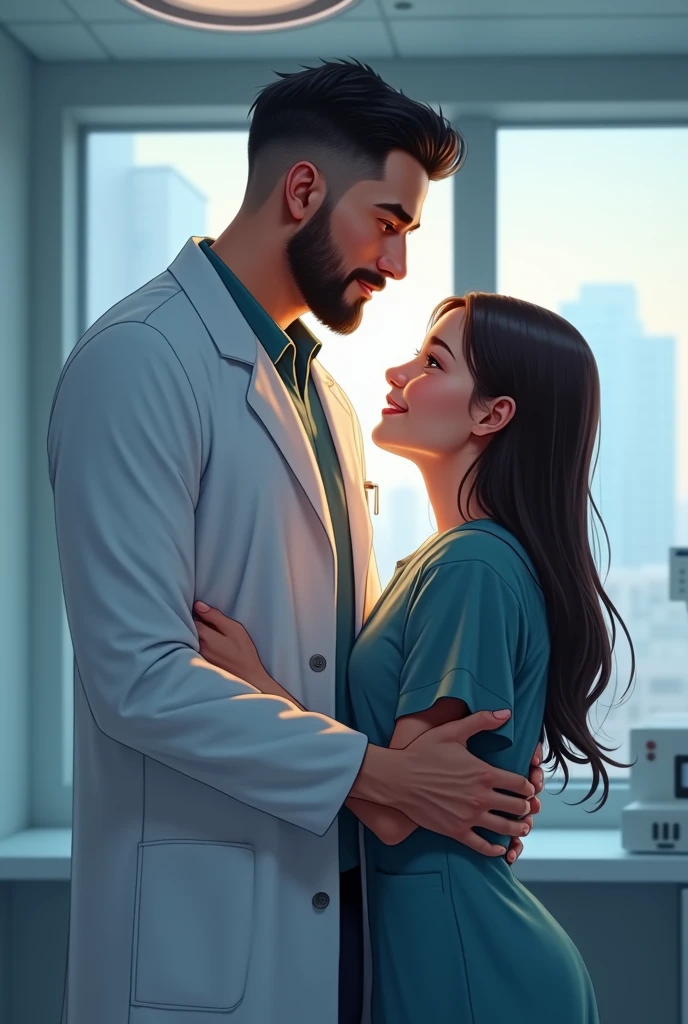 Older brother is a neurosurgeon, He has black hair, Without a beard, he is hugging his younger sister who admires him a lot and is studying medicine.. The background should be of a neurosurgeon and both looking forward