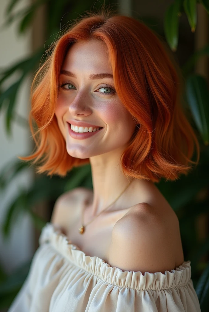 Une femme rousse, au charme irrésistible, se tient avec une aisance élégante devant l'objectif d'un appareil photo. Ses cheveux, d'un rouge éclatant, sont coupés en un carré parfait qui encadre son visage avec une sophistication moderne. Chaque mèche brille sous la lumière, mettant en valeur la profondeur de sa couleur et la texture soignée de sa coiffure. Elle affiche un sourire radieux et confiant, ses lèvres légèrement retroussées en un sourire qui dégage à la fois chaleur et assurance. Ses yeux, pétillants et pleins de vie, captent la lumière et ajoutent une étincelle de joie et de charme à son expression. Sa tenue, peut-être un vêtement chic mais décontracté, complète parfaitement son look, mettant en valeur sa silhouette avec élégance. L'environnement autour d'elle peut être simple ou stylisé, mais le point focal reste sa présence magnétique et son sourire captivant. Elle se tient avec une posture détendue mais assurée, prête à capturer un instant parfait. L'ensemble de la scène est baigné d'une lumière douce et flatteuse qui accentue la beauté naturelle de la femme rousse et l'instant précieux qu'elle est en train de vivre.
