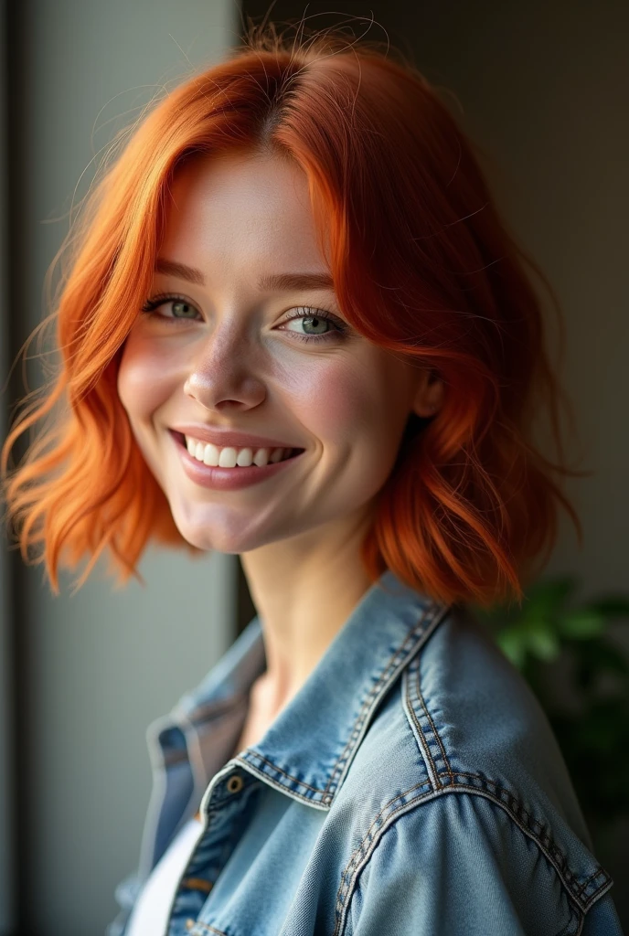 Une femme rousse, au charme irrésistible, se tient avec une aisance élégante devant l'objectif d'un appareil photo. Ses cheveux, d'un rouge éclatant, sont coupés en un carré parfait qui encadre son visage avec une sophistication moderne. Chaque mèche brille sous la lumière, mettant en valeur la profondeur de sa couleur et la texture soignée de sa coiffure. Elle affiche un sourire radieux et confiant, ses lèvres légèrement retroussées en un sourire qui dégage à la fois chaleur et assurance. Ses yeux, pétillants et pleins de vie, captent la lumière et ajoutent une étincelle de joie et de charme à son expression. Sa tenue, peut-être un vêtement chic mais décontracté, complète parfaitement son look, mettant en valeur sa silhouette avec élégance. L'environnement autour d'elle peut être simple ou stylisé, mais le point focal reste sa présence magnétique et son sourire captivant. Elle se tient avec une posture détendue mais assurée, prête à capturer un instant parfait. L'ensemble de la scène est baigné d'une lumière douce et flatteuse qui accentue la beauté naturelle de la femme rousse et l'instant précieux qu'elle est en train de vivre.
