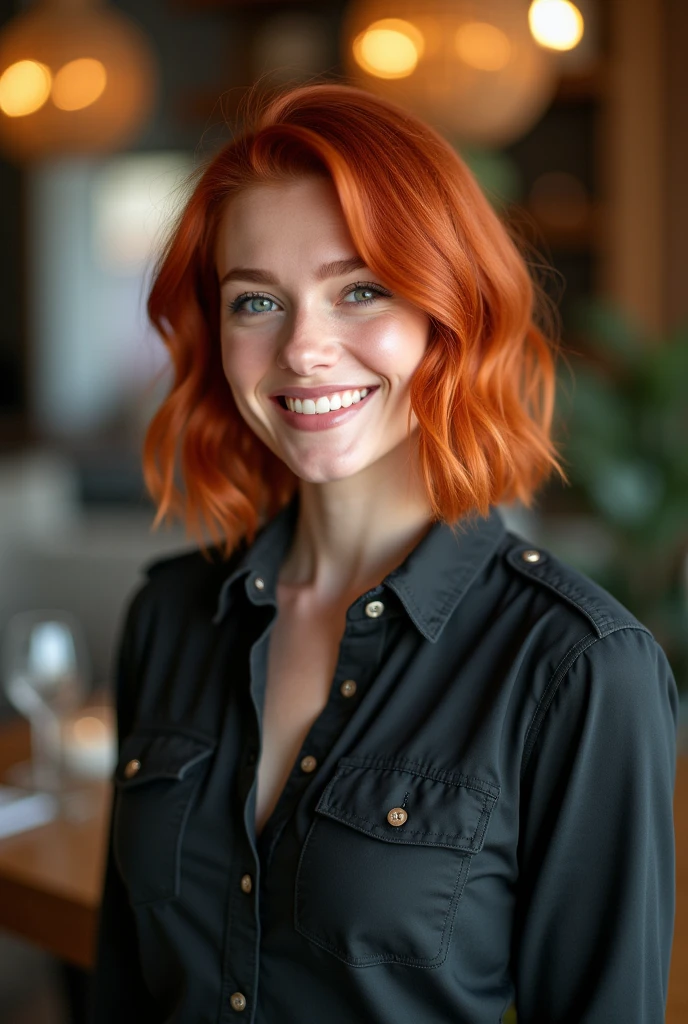 Une femme rousse, au charme irrésistible, se tient avec une aisance élégante devant l'objectif d'un appareil photo. Ses cheveux, d'un rouge éclatant, sont coupés en un carré parfait qui encadre son visage avec une sophistication moderne. Chaque mèche brille sous la lumière, mettant en valeur la profondeur de sa couleur et la texture soignée de sa coiffure. Elle affiche un sourire radieux et confiant, ses lèvres légèrement retroussées en un sourire qui dégage à la fois chaleur et assurance. Ses yeux, pétillants et pleins de vie, captent la lumière et ajoutent une étincelle de joie et de charme à son expression. Sa tenue, peut-être un vêtement chic mais décontracté, complète parfaitement son look, mettant en valeur sa silhouette avec élégance. L'environnement autour d'elle peut être simple ou stylisé, mais le point focal reste sa présence magnétique et son sourire captivant. Elle se tient avec une posture détendue mais assurée, prête à capturer un instant parfait. L'ensemble de la scène est baigné d'une lumière douce et flatteuse qui accentue la beauté naturelle de la femme rousse et l'instant précieux qu'elle est en train de vivre.