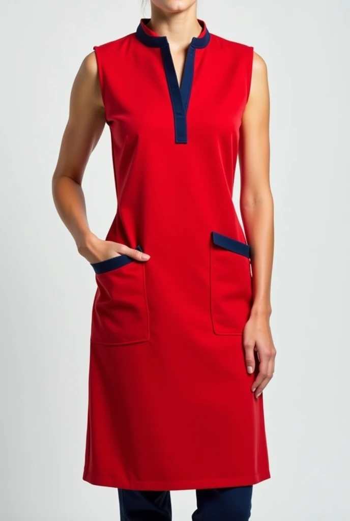 Bright red sleeveless fitted teacher smock, with navy blue details only on the pocket fold. With a closure at the front instead of buttons. With V neck