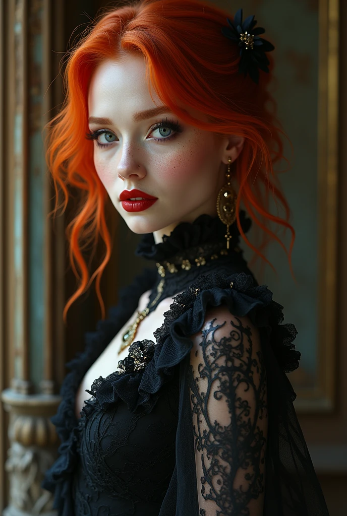 A very beautiful toreador vampire with extremely red hair and her eyes have heterochromia, she also has freckles, She has noble origins and is very fond of jewelry and always wears high heels., your high heel is elegant and chic 