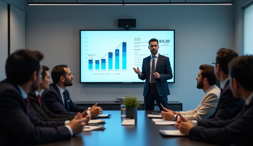 A high-resolution image capturing a startup founder presenting their business idea to a group of investors man e woman in a modern conference room. The presenter is standing confidently with a slideshow on a large screen behind them, showing financial projections and product features. The investors are engaged, with one of them taking notes."