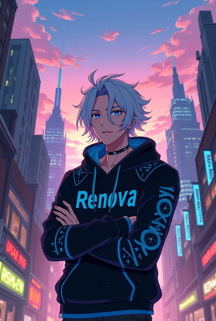 Anime character, cool male figure, striking white hair flowing beneath sleek hoodie with 'Renova' logo emblazoned across the , stylish urban outfit blending contemporary fashion, intricate patterns of black and blue decorating the hoodie, dynamic urban background teeming with life, sprawling cityscape towering above with futuristic skyscrapers harmonizing at dusk, detailed graffiti art embellishing brick walls, softly glowing neon highlights in vibrant shades of pink, green, and orange illuminating the scene, animated energy radiating from bustling streets below, birds-eye view perspective incorporating depth and perspective with layered foreground elements showcasing energy of the city life, clouds swirling in the twilight sky, creating a captivating backdrop filled with magical realism, character posing confidently with arms crossed, conveying an air of charisma and relaxation, sparkling eyes depicting enthusiasm and wonder, overall composition balancing the character's modern attire with the dreamy, lively environment, masterful anime art style with clean crisp outlines and vibrant colors, incorporating soft shading techniques to add dimension and life to the scene, background blending fantasy with reality, showcasing an urban landscape alive with imaginative elements