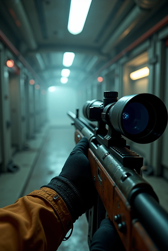 Spaceship internally, FIRST PERSON POINT of crew member holding a rifle with scope showing only the arm, ambient lighting is not working