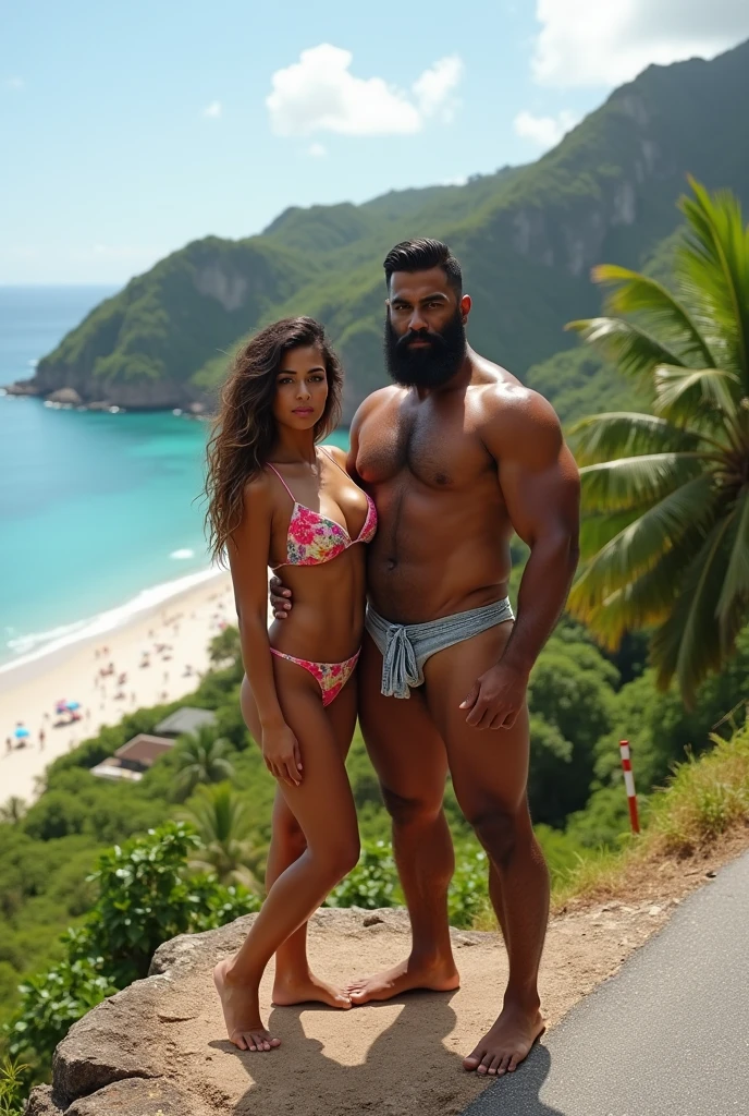 There is a strong, hairy, bearded, very hairy mixed-race man in a thong posing for a photo standing next to his beautiful girlfriend in a bikini on a rock at a viewpoint at the end of a paved road with a privileged view just below a large lagoon with brown waters and a white sand beach with many people..