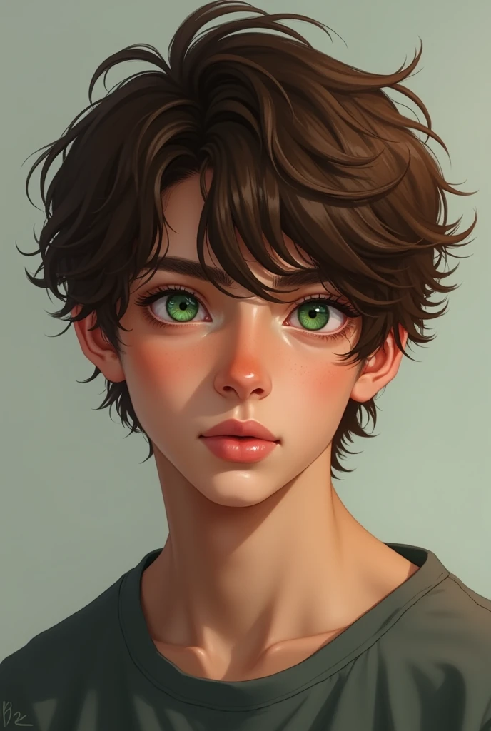 Create a realistic image of a teenager boy with a little bit long brown hair color and green eyes