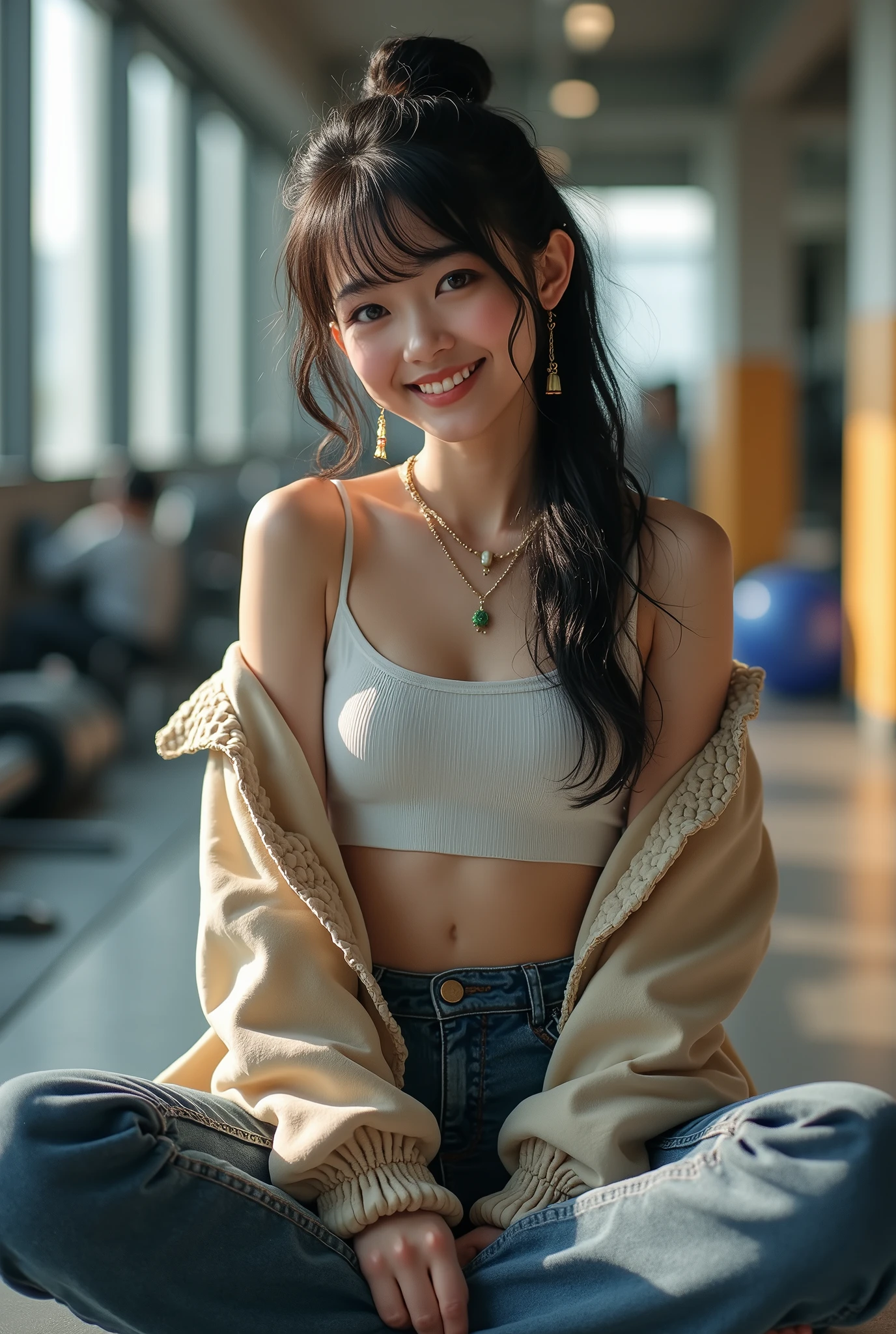 one person、High resolution、smile、High resolution、masterpiece、Anatomically correct、Person Portrait、Background blur、Super Real Photo、High resolution、Dramatic image、Harajuku casual fashion、dynamic、The perspective of the shot is quite far away、Capture the whole subject。Capture the whole subject、Beautiful decoration、Sitting cross-legged、Sitting background:Gym in a high-rise building