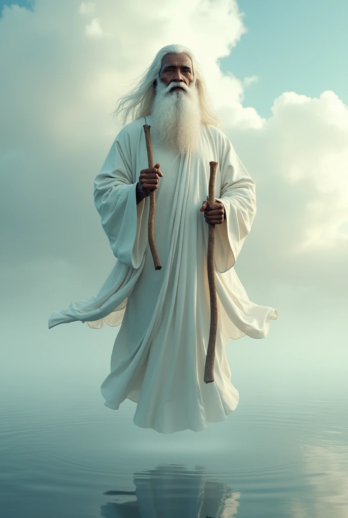 An old man with a beard and white hair of African ethnicity, wearing a white robe holding a wooden staff in his hands, hovering above the clouds that rest on a calm sea.
