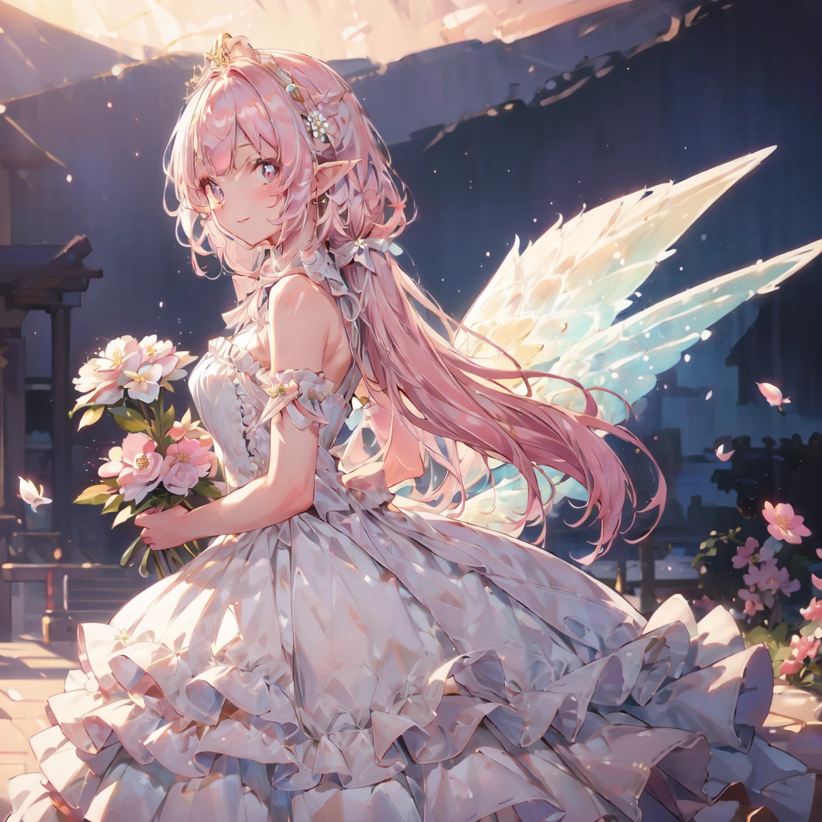 masterpiece,Highest quality, Very detailed, beautiful, Exquisite, 16K, Full HD, Absurd,White Background,Upper Body,Upward glance,Soft look,((A light smile,Happy:1.5))((Sparkling fluffy layered ball gown)),A large and beautiful dress inspired by rose flowers, Grab the hem of your dress and bow slightly.,Lots of flowers、Frills、Rhinestones are adorned、Intricately voluminous ball gown ( Tabletop, Art Station, Fantasy art:1.2), Standing with a graceful smile，pastel colour,((Giant white fairy wings))、Gradient Hair, Light blue hair, Hair blowing in the wind, Wavy Hair,Fluffy hair,tiara,Lavender eyes, Long eyelashes, beautiful eyes,Light pink cheeks,Pointed Ears, Bright Eyes, Long, slender legs, Golden Hour, Dazzling Light, Warm lighting(((Stickers))), Exquisite detail, Highest qualityの8K解像度, Very detailed, Realistic, Vibrant colors, Soft tones, Warm and gentle lighting, (beautifulゴシックブラックドレス, Cute pink ribbon, beautifulFrills:1.2),(Sleek and straight pink hair:1.2),(Hair parted in the middle:1.2),(Shiny Hair),(Pink Eyes:1.3),Garden Girl,With overflowing softness and kindness,Visible and tangible emotions,(The promenade is full of flowers:1.3), Create colorful reflections.The sun shines with joy and pure love, Casts a warm golden glow on the girl&#39;s face,Freed from the troubles of this world. The atmosphere is full of happiness and laughter, It&#39;s like heaven、As if celebrating love,Combining digital illustrations and photography, 超高精細な描写とVibrant colorsにこだわる. A style that combines romanticism and realism、You can feel the depth of love. The color palette consists of soft pastel tones., Creates a dreamy and fantastical atmosphere. The lighting is soft and diffuse, Put a gentle light on your face,この作品はmasterpieceだ,