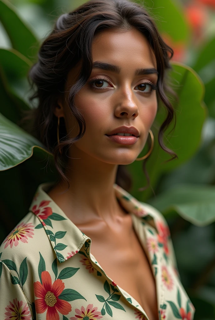 A Brazilian woman in a lush tropical garden, wearing an open shirt with a floral print, with a close-up capturing the harmonious beauty between her breasts and the natural flowers, showing off your natural charm and outgoing personality.