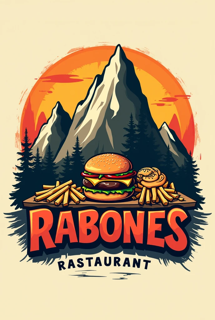 Logo for a fast food restaurant that serves hamburgers and fries, In addition to having to do with the mountain called "Rabones Food",