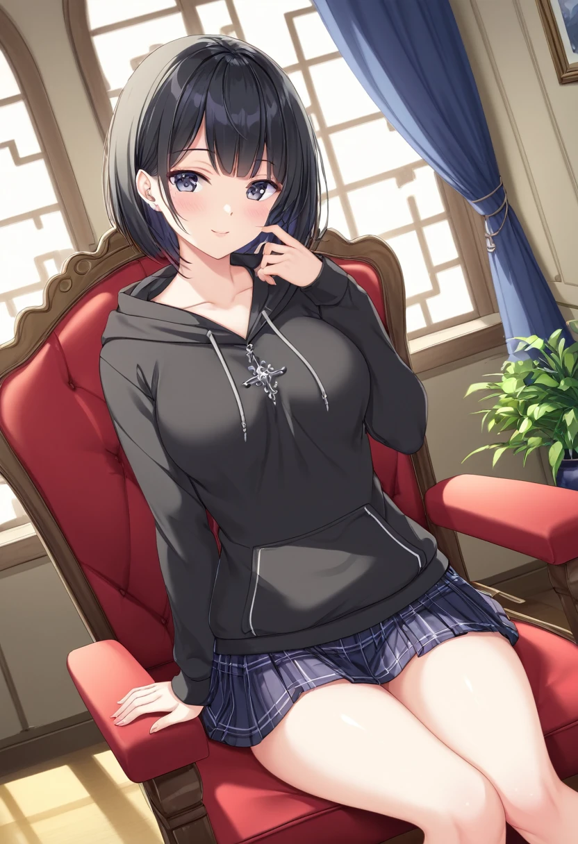 hoodie、Short skirt、Inside the mansion、Sit on a chair、Beautiful eyes、high resolution、woman、Black Hair、Medium chest