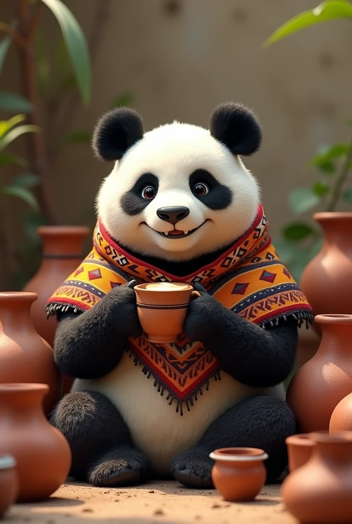 Draw a semi-realistic panda with a smile and a determined look. I want him to wear a native and colorful poncho. I want him to be drinking coffee. And have clay pots.
