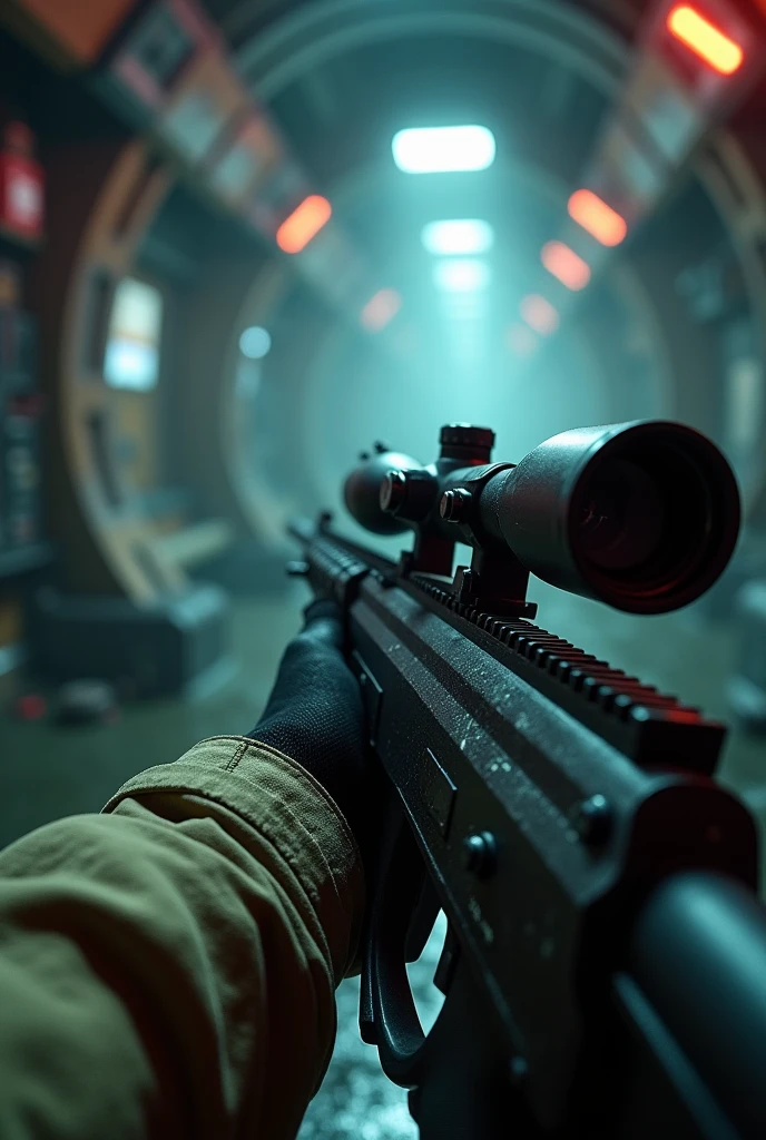 Spaceship internally, FIRST PERSON POINT of crew member holding a rifle with scope showing only the arm, ambient lighting is not working 