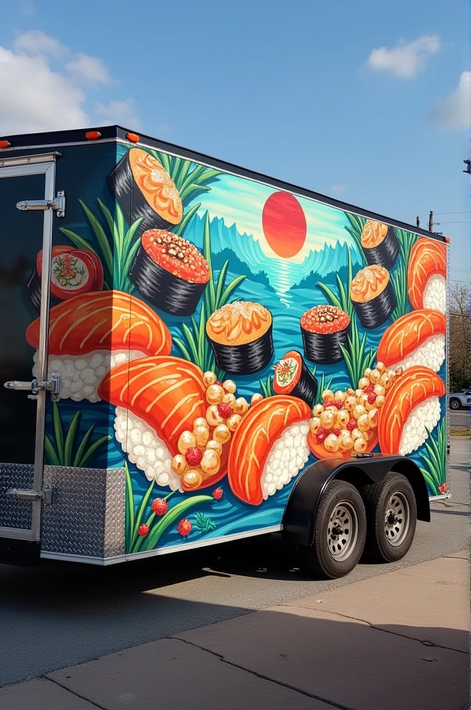 Sushi trailer mural featuring wild sushi bites , geishs and a tori
