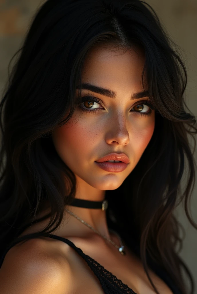 Girl with semi-long black hair, skin between white and brown, with a voluptuous and marked body, Dark brown semi-slanted eyes with an intense and mocking look and slight dark circles, about 1m tall,60cm. With a piercing (SEPTUM) on the nose, small but full lips, forehead neither too big nor too small. Black and marked clothing.  Exotic appeal 
