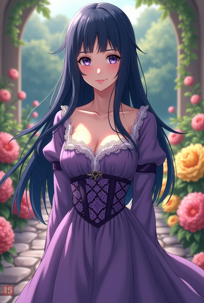 Anime style, 1girl, young busty female, ((black color hair, long straight hair)), blue eyes, double eyelids, light effect on the eyes, wide hips, black off-the-shoulder skirt dress , stylish, beautiful smile, shy, blush on cheeks, ((sexy body)), solo, best quality, masterpiece, portrait, flirting with viewer, sensual pose, detailed, perfect anatomy, detailed art, high definition, 4k , high resolution, garden, grass,