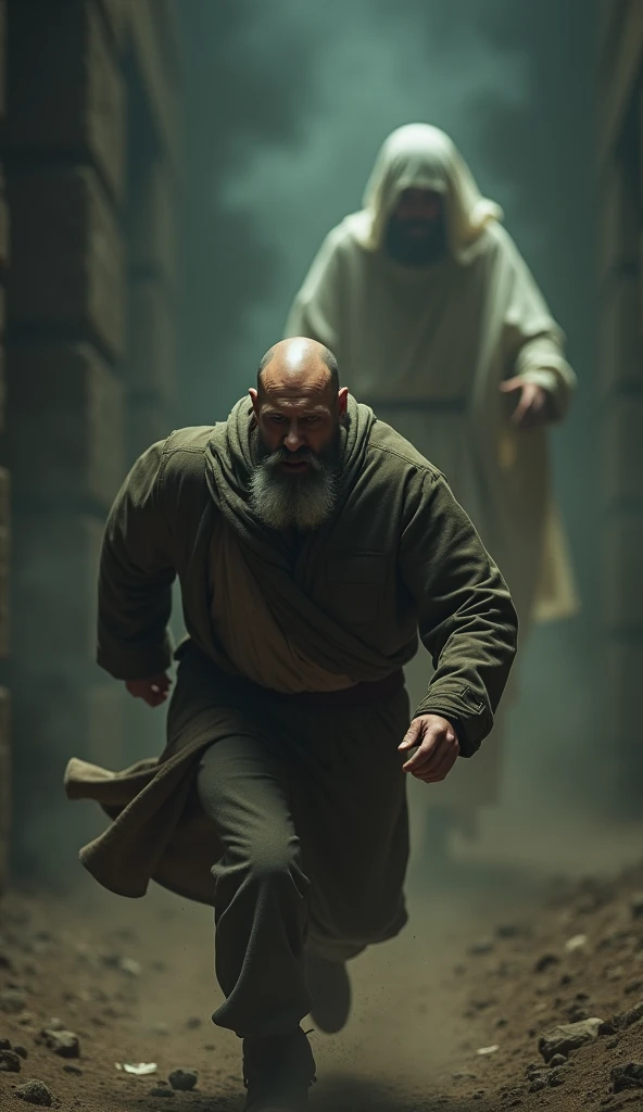beared man, baldie, running away from delicate Jesus Christ, Action, dark, cinematographic.