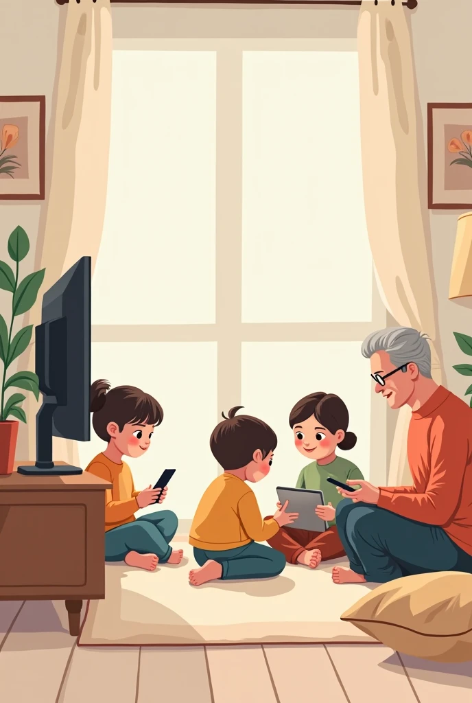 Image with a baby watching TV while a child is using an Ipad. In the same image an adult is using a laptop and an older person is using a smarphone. Please, make the image with drawings. In the center let a space to write something. Image is for a post on instagram.