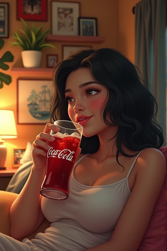 White latin girl drinking coke in her room