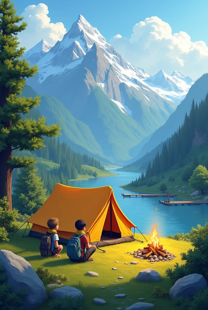 A boy camping in the wilderness, a tent, a campfire with firewood, drinking coffee, sitting near the fire, (best quality,4k,8k,highres,masterpiece:1.2),ultra-detailed,(realistic,photorealistic,photo-realistic:1.37),HDR,UHD,studio lighting,ultra-fine painting,sharp focus,physically-based rendering,extreme detail description,professional,vivid colors,bokeh,landscape