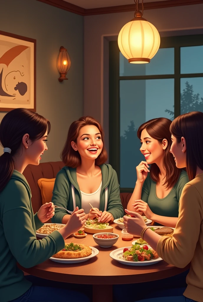 Une Femme avec ces  amies qui mange 