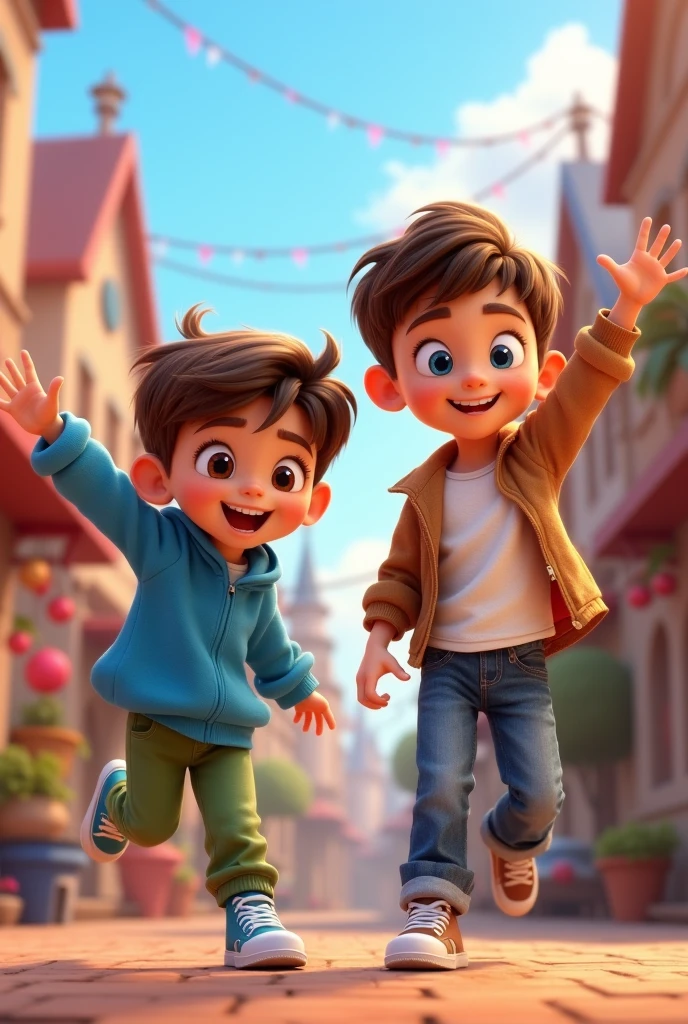 pixar style poster, with 3D animated characters. It shows two children in different angles and postures.. One with brown hair and brown eyes, with blue sweatshirt, green pants and sneakers, and the other, with brown hair, blue eyes, brown shirt, White T-shirt, jeans and brown pants.