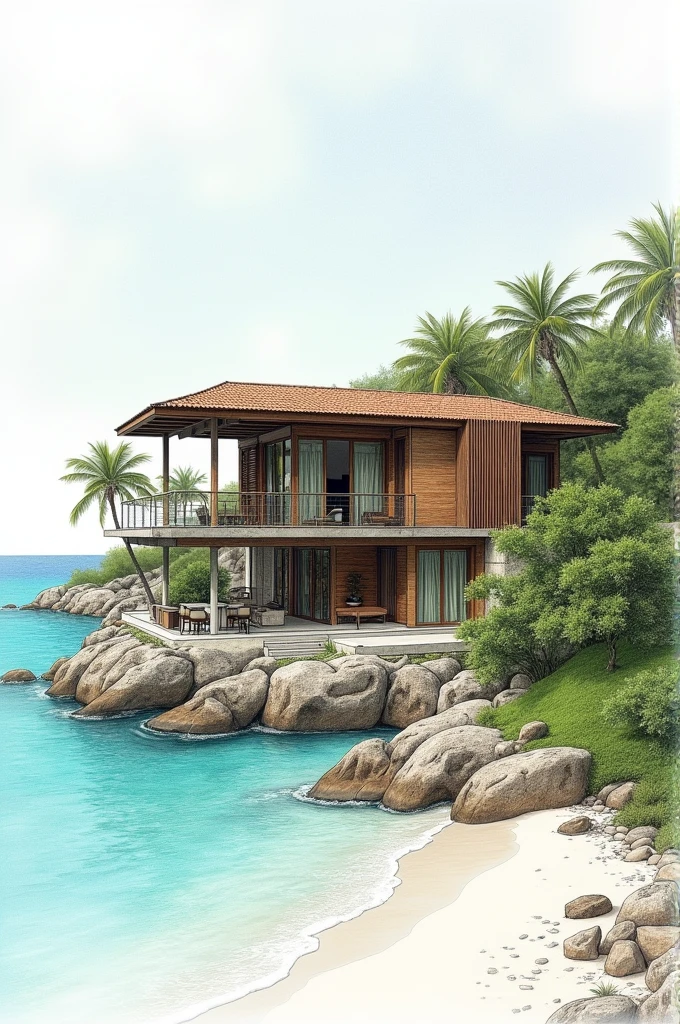 Create a sketch of a sustainable home on the coast of Quintana Roo made in pencil