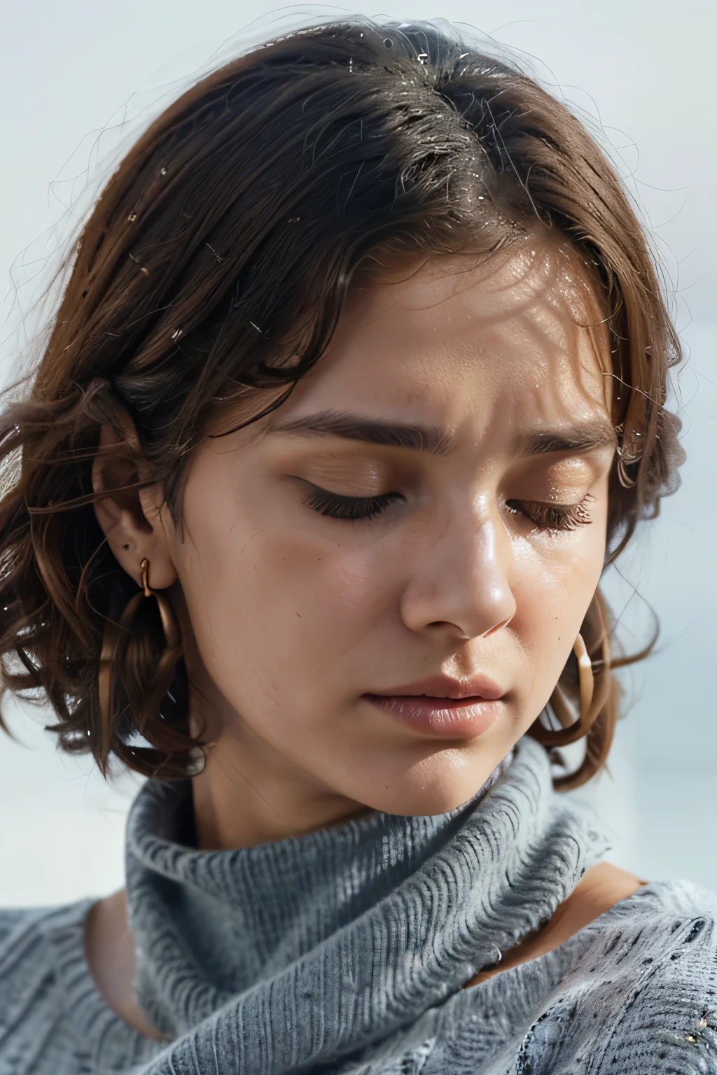 photograph of a woman, worried facial expression, textured skin, Goosebumps, curly brown hair, closed eyes, FAT LIPS, deep blue turtleneck sweater, earrings that are a watch, White background, sharp focus on the subject, bokeh