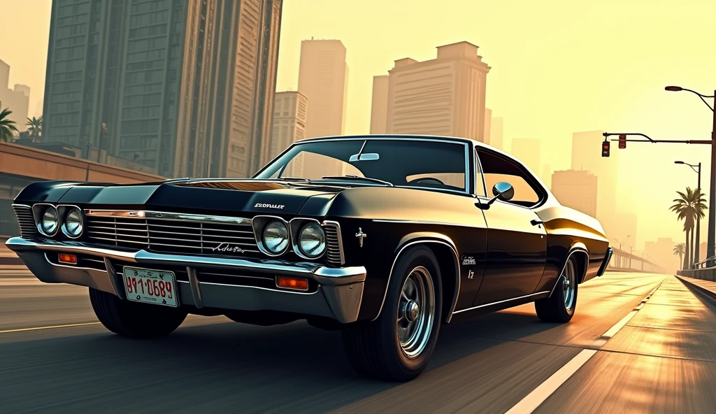 create a gta san andreas style illustration of a black Impala 67 from afar