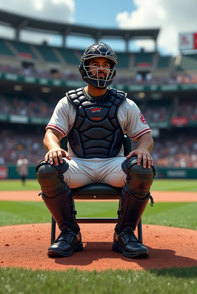 Baseball catcher playing while sitting in a chair.