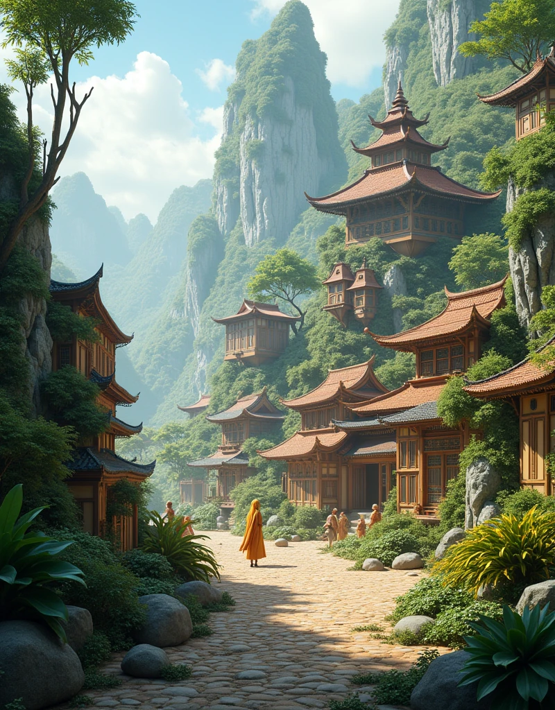 "A peaceful village on Nova Aeterna, where diverse cultures coexist harmoniously. The village is nestled in lush greenery, with houses combining traditional design with modern technology. Exotic creatures roam freely, adding to the vibrancy of the scene. Shot in 4k resolution, with detailed environmental textures, realistic lighting, and a soft focus to create a warm, inviting atmosphere
