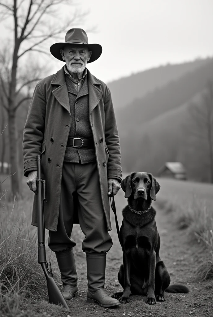 Here's a revised prompt for generating a black-and-white, vintage-style image:
Image Description for Generation:
Create a black-and-white, vintage-style image depicting an old hunter and his dog in Mason County, Kentucky, circa 1890. The scene should capture the essence of the late 19th century with a classic, historical feel.
Hunter: An elderly man dressed in period-appropriate hunting attire, including a weathered, wide-brimmed hat, a rugged coat, and sturdy trousers. He should be holding an antique shotgun or rifle, showing signs of use. His face should be lined and expressive, reflecting a lifetime of experience and calm.
Dog: The dog, a traditional hunting breed like a setter or pointer, should be positioned beside the hunter, looking alert and loyal.
Background: The setting should include a rural, rustic landscape with rolling hills, dense woods, and possibly a glimpse of a small cabin or farmstead. The scenery should be detailed but softened to give an aged look.
Atmosphere: The overall image should have a soft, sepia-toned black-and-white effect to mimic old photographs. The lighting should evoke the serene and simple life of the countryside, capturing either a quiet morning or late afternoon ambiance.