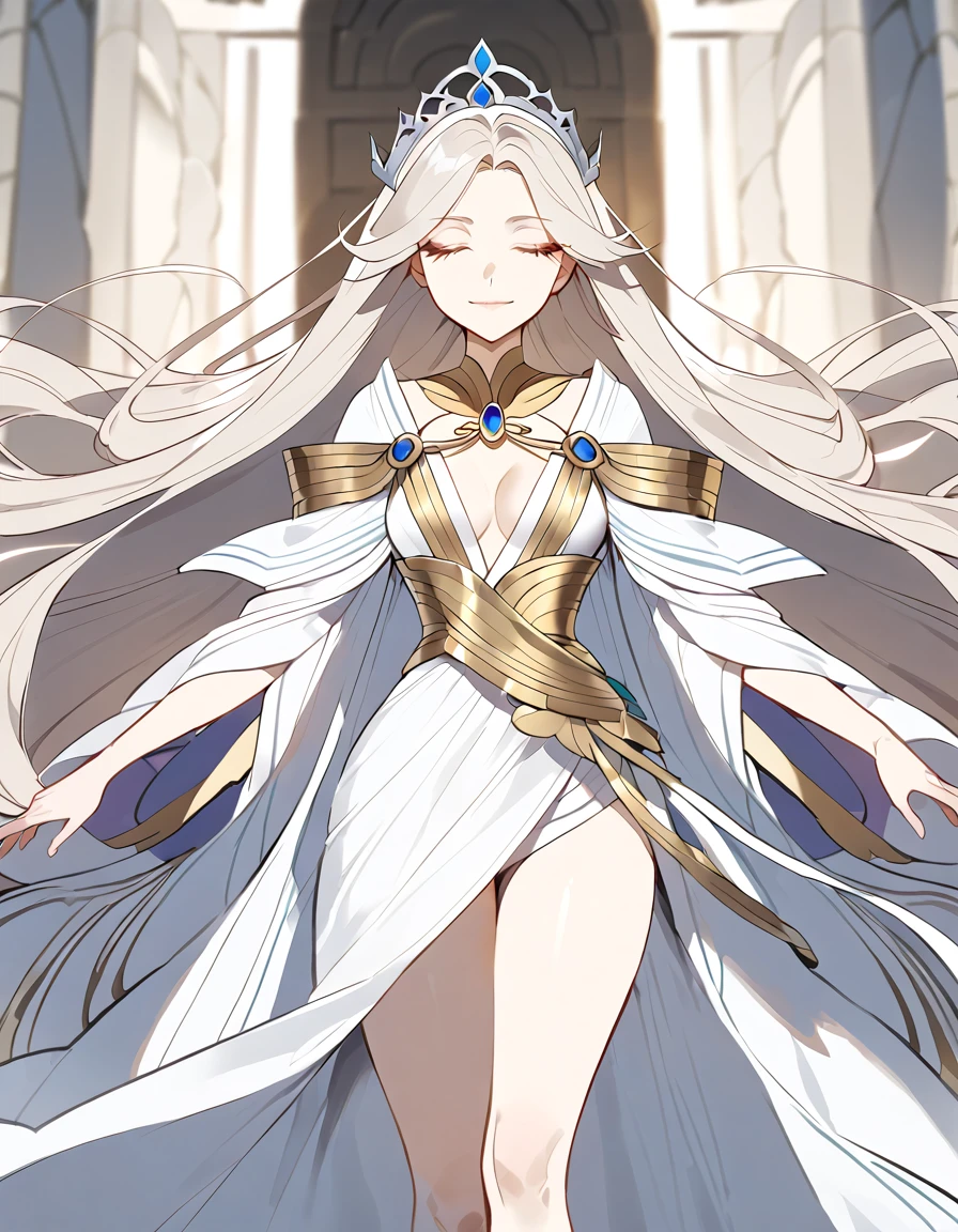 solo, adult tall woman, very long hair, rapunzel hair, some hair on the face, ancient goddess robe, silver tiara, closed eyes, calm smile, little emotion, white robe, ancient clothes, four arms, graceful lady, light colors, light hair, light eyelashes, slightly open chest, closed legs, bare feet, wind force