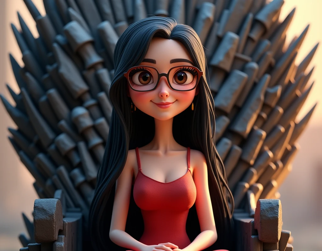 make a pixar style avatar, of a white woman, with straight black hair, that uses glasses, sitting on the throne of game of thrones