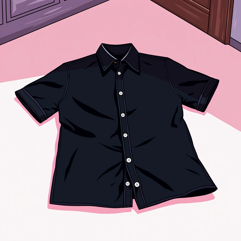 Black shadow of a black shirt lying on the floor, cartoon, Vice City GTA, white table background at home
