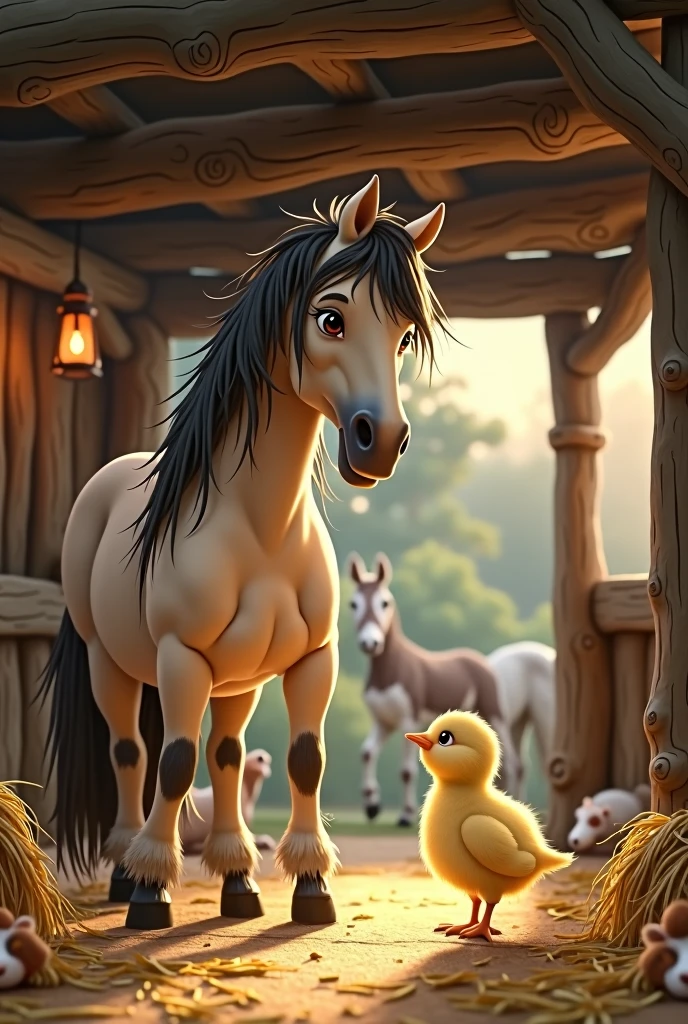 The chick asked the horse if he knew how to read in the background of a manger
