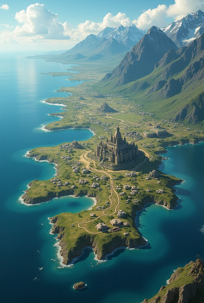 Generate a map of an ancient kingdom, surrounded by an ocean and divided by many lakes