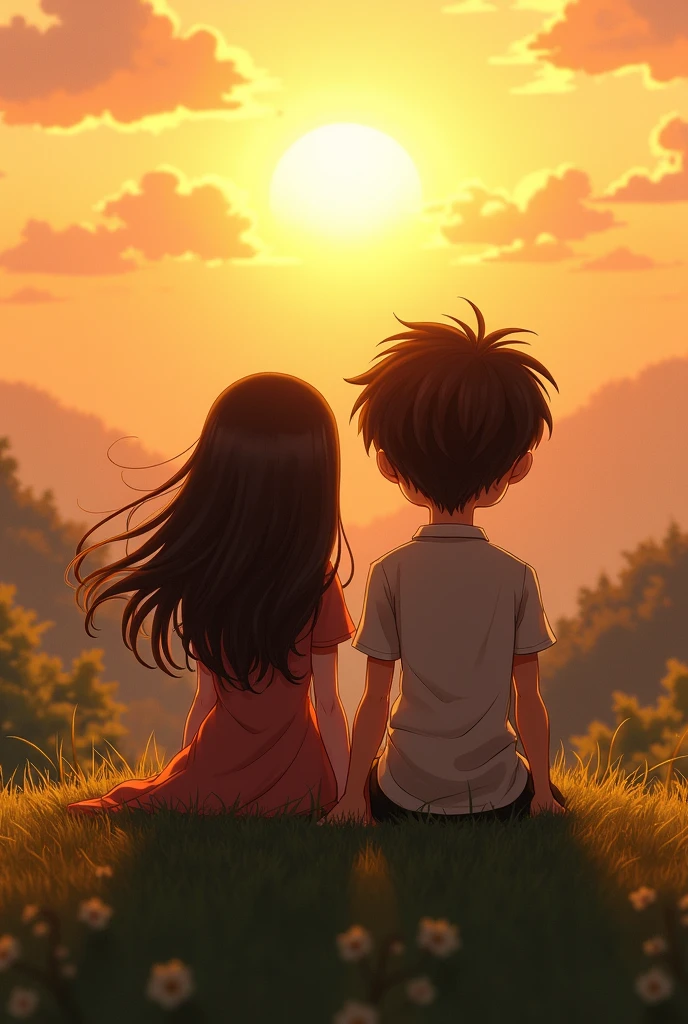 a boy and a girl sitting back to back watching the sunset together, holding hands. The girl has to have long, loose hair, and the boy has the most voluminous hair