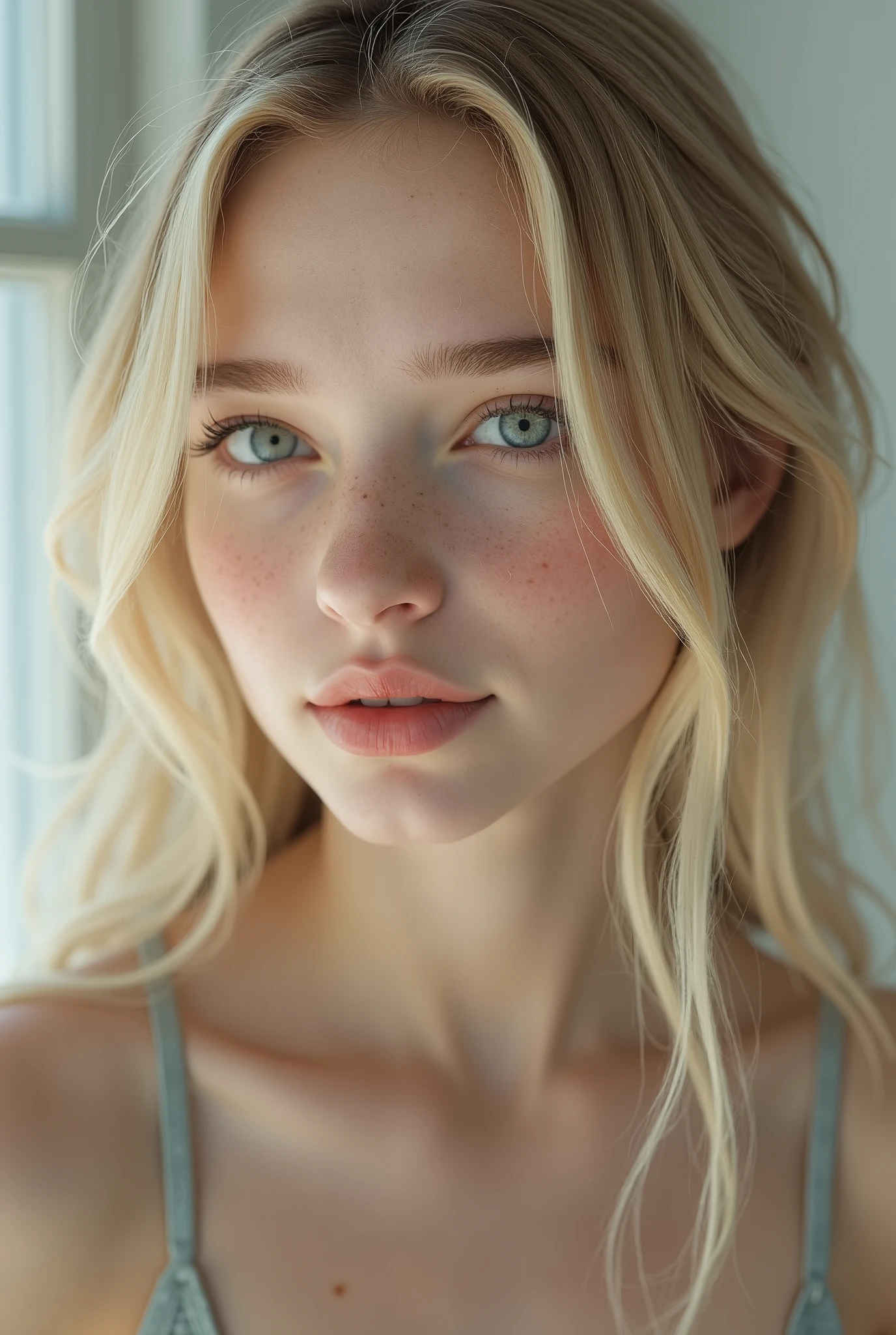 a young woman, blonde, dark theme, soothing tones, muted colors, high contrast, (natural skin texture, hyperrealism, soft light, sharp)cum on face 
