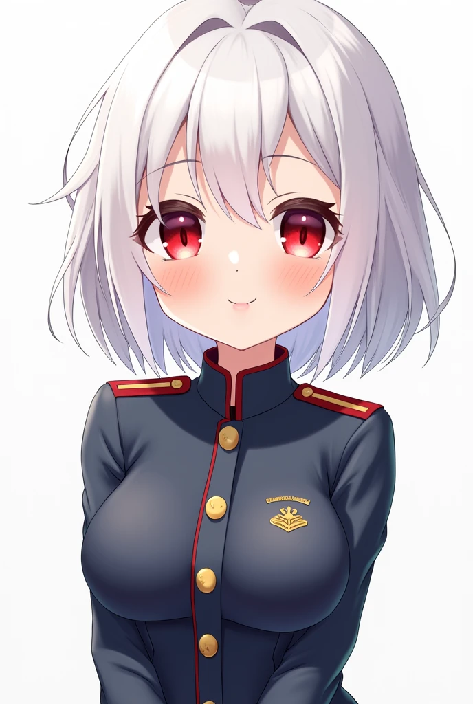 masterpiece, kawaii, adorable girl, red eyes, best quality, girl, short hair, medium breasts, white hair, military uniform,
