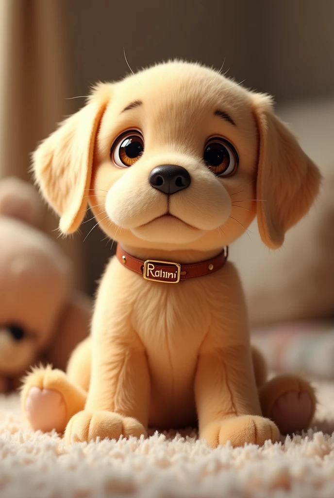 A stuffed labrador puppy with a collar with Raimi's name on it