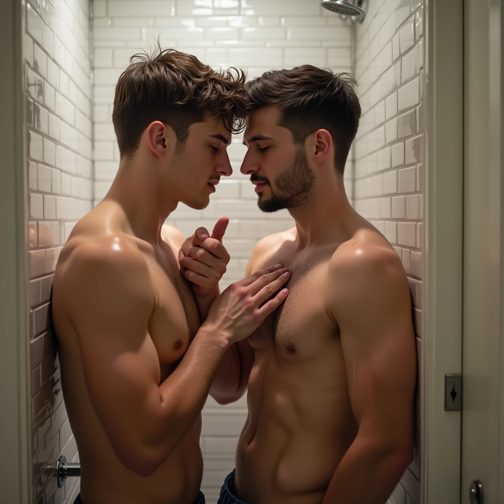 2 young men who satisfy each other with their right hand they are naked and in the shower with other men